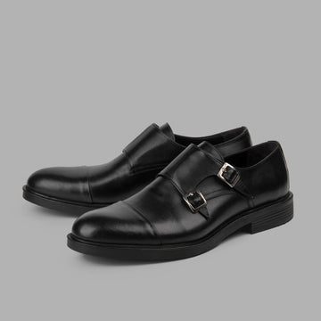 BRIO Genuine Leather Cap Toe Double Monk – Black