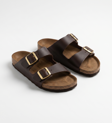 Brio Dahab Step Classic Double Strap Slides - Brown