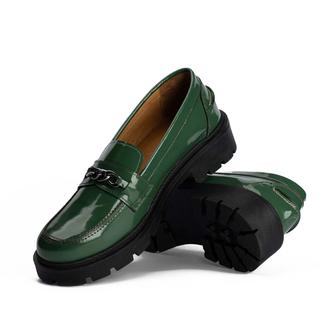 Flora Green Natural Leather Loafers